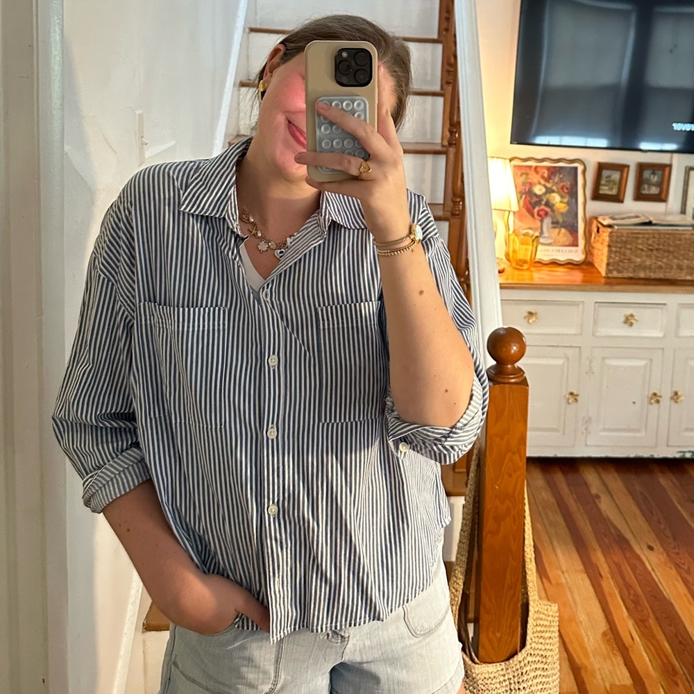 Old Navy Navy and White Striped Casual Shirt